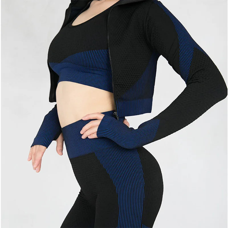 Tiktok 3 Pieces Yoga Set Gym Leggings Crop Top Jacket Custom logo Long Sleeves Zip up Women Gym Set Seamless