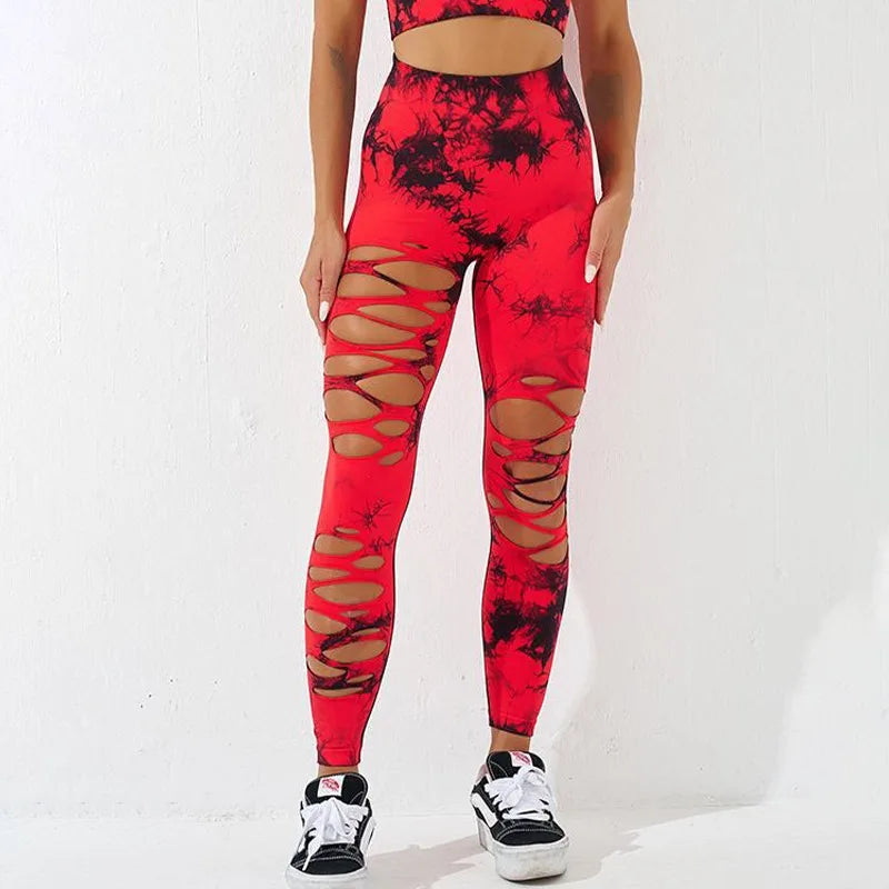 Sexy Hollow Out Leggings Women Seamless Tie Dye Tights High Waist Push Up Butt Workout Running Stretchy Yoga Pants Female
