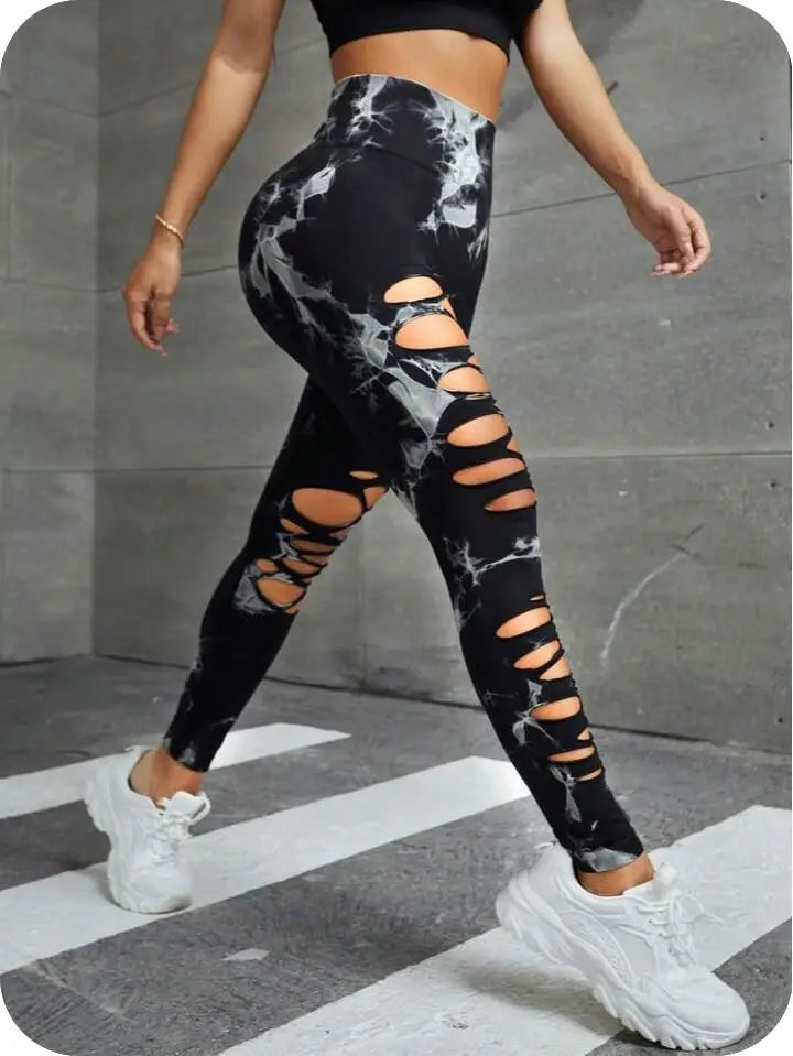 Sexy Hollow Out Leggings Women Seamless Tie Dye Tights High Waist Push Up Butt Workout Running Stretchy Yoga Pants Female