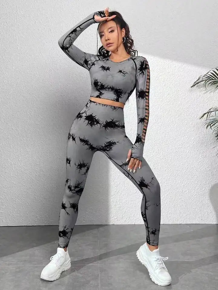 Tie dye Sports Set Women Long Sleeves Yoga Shirt High Waist Scrunch Push Up leggings yoga set Quick Dry Fitness Workout Set