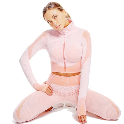Tiktok 3 Pieces Yoga Set Gym Leggings Crop Top Jacket Custom logo Long Sleeves Zip up Women Gym Set Seamless
