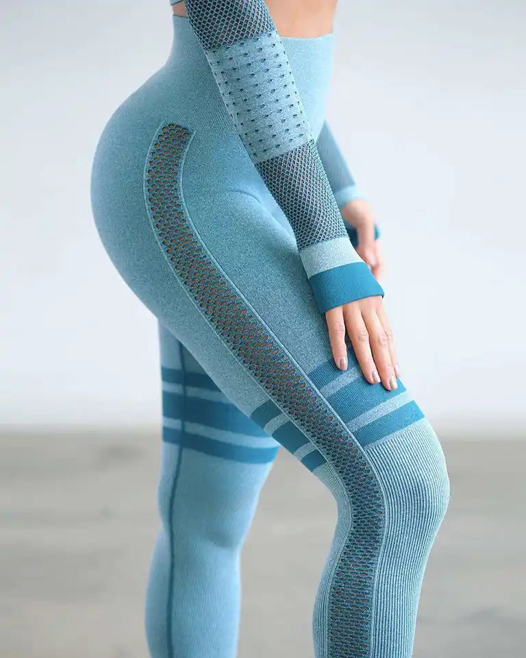 Seamless leggings set mesh breathable long sleeve yoga set butt leggings SS7677