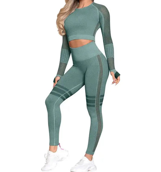 Seamless leggings set mesh breathable long sleeve yoga set butt leggings SS7677
