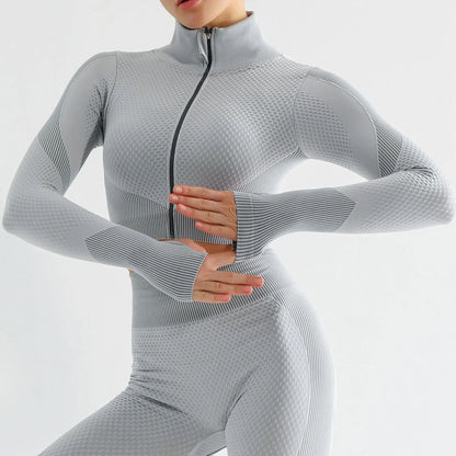 Tiktok 3 Pieces Yoga Set Gym Leggings Crop Top Jacket Custom logo Long Sleeves Zip up Women Gym Set Seamless