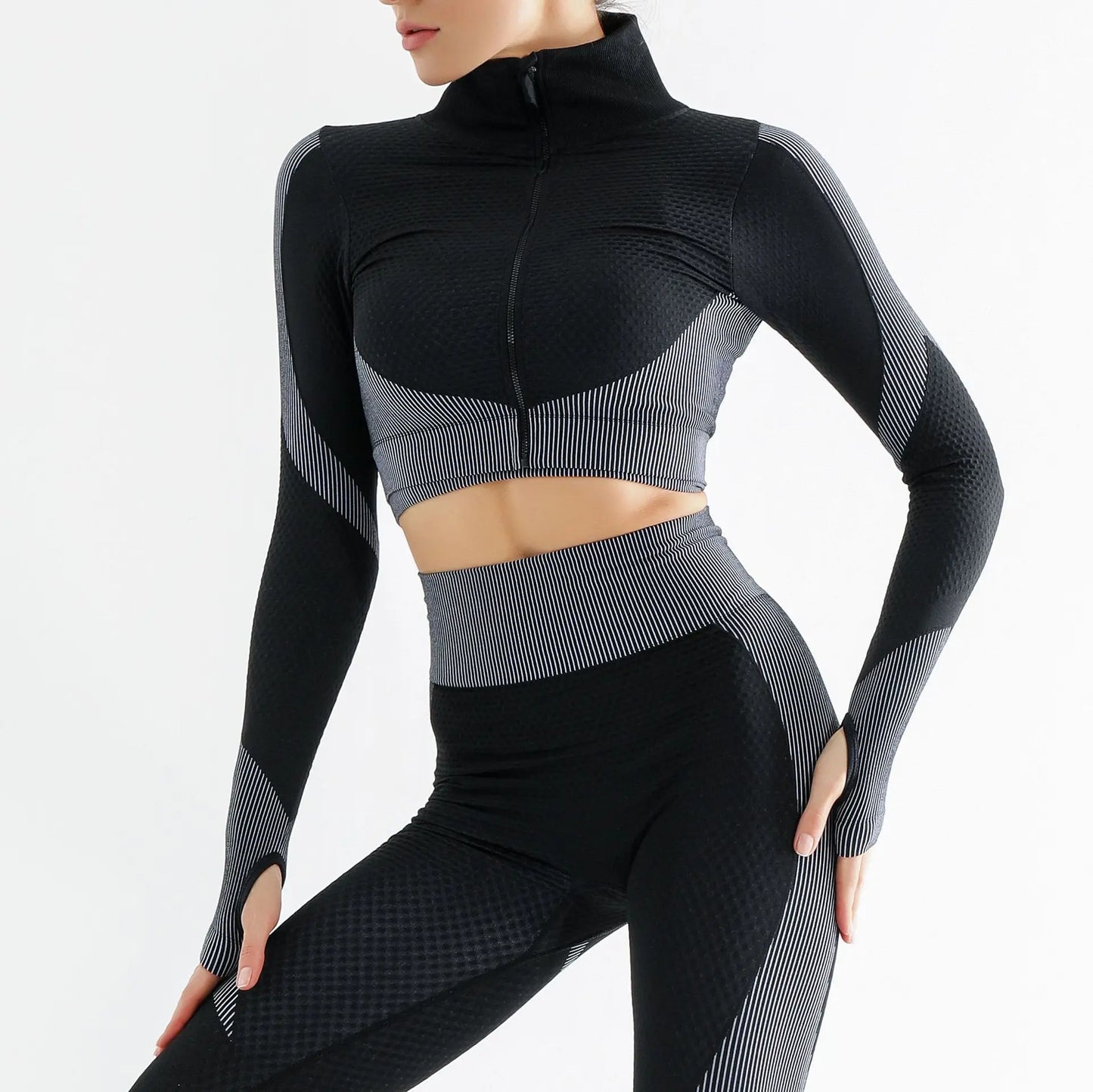 Tiktok 3 Pieces Yoga Set Gym Leggings Crop Top Jacket Custom logo Long Sleeves Zip up Women Gym Set Seamless