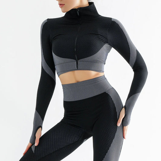 Tiktok 3 Pieces Yoga Set Gym Leggings Crop Top Jacket Custom logo Long Sleeves Zip up Women Gym Set Seamless