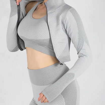 Tiktok 3 Pieces Yoga Set Gym Leggings Crop Top Jacket Custom logo Long Sleeves Zip up Women Gym Set Seamless
