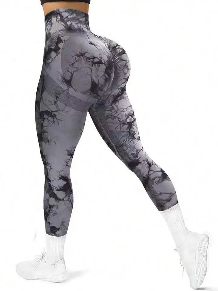 Designer Tie-Dye Yoga Leggings – Seamless High Waist, Slim Fit, Peach Hip, Ankle-Length Sports Pants for Women