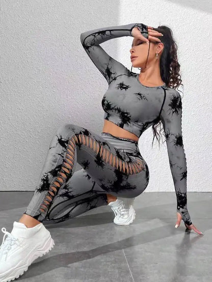 Tie dye Sports Set Women Long Sleeves Yoga Shirt High Waist Scrunch Push Up leggings yoga set Quick Dry Fitness Workout Set