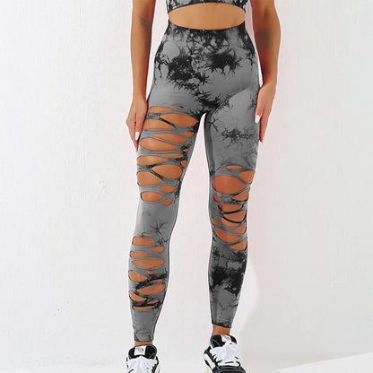 Sexy Hollow Out Leggings Women Seamless Tie Dye Tights High Waist Push Up Butt Workout Running Stretchy Yoga Pants Female