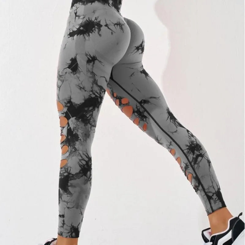 Sexy Hollow Out Leggings Women Seamless Tie Dye Tights High Waist Push Up Butt Workout Running Stretchy Yoga Pants Female