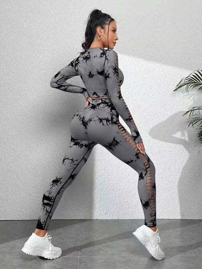 Tie dye Sports Set Women Long Sleeves Yoga Shirt High Waist Scrunch Push Up leggings yoga set Quick Dry Fitness Workout Set