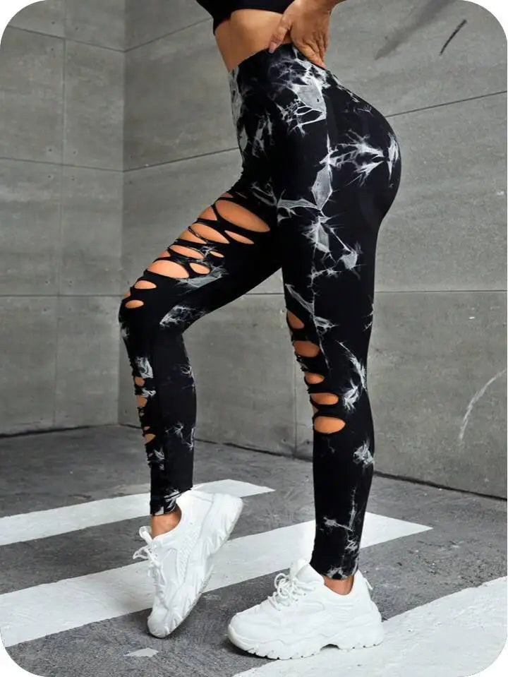 Sexy Hollow Out Leggings Women Seamless Tie Dye Tights High Waist Push Up Butt Workout Running Stretchy Yoga Pants Female
