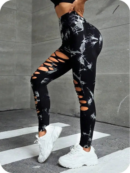 Sexy Hollow Out Leggings Women Seamless Tie Dye Tights High Waist Push Up Butt Workout Running Stretchy Yoga Pants Female