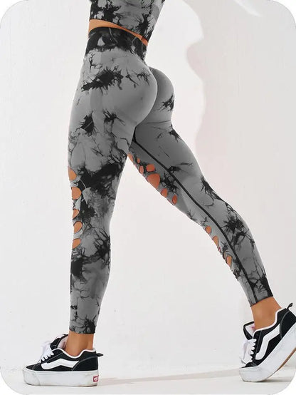 Sexy Hollow Out Leggings Women Seamless Tie Dye Tights High Waist Push Up Butt Workout Running Stretchy Yoga Pants Female