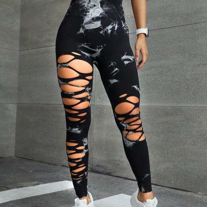 Sexy Hollow Out Leggings Women Seamless Tie Dye Tights High Waist Push Up Butt Workout Running Stretchy Yoga Pants Female