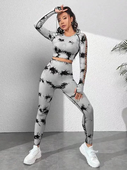 Tie dye Sports Set Women Long Sleeves Yoga Shirt High Waist Scrunch Push Up leggings yoga set Quick Dry Fitness Workout Set