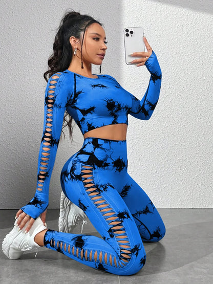 Tie dye Sports Set Women Long Sleeves Yoga Shirt High Waist Scrunch Push Up leggings yoga set Quick Dry Fitness Workout Set