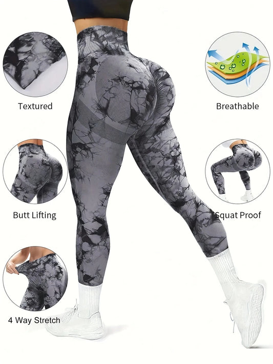 Designer Tie-Dye Yoga Leggings – Seamless High Waist, Slim Fit, Peach Hip, Ankle-Length Sports Pants for Women