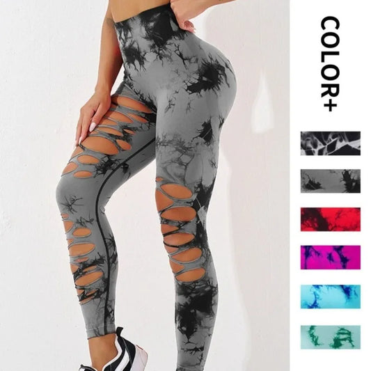 Sexy Hollow Out Leggings Women Seamless Tie Dye Tights High Waist Push Up Butt Workout Running Stretchy Yoga Pants Female