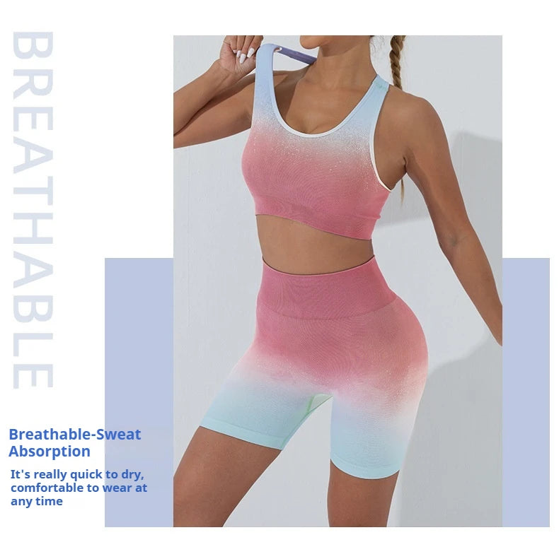 Wellington 5Colors Sportswear Suit Short Running Femmes Suits Gradual Change Short Leggings Compression Pants Women's Fitness Wear Set