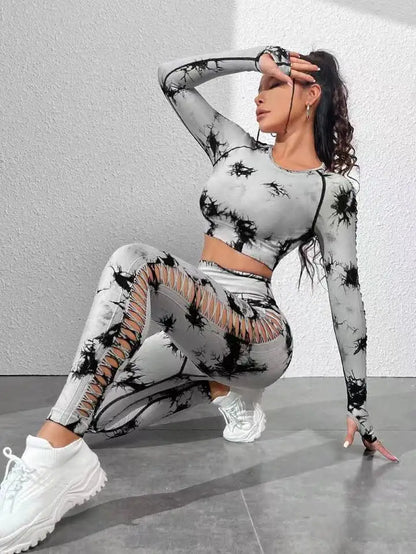 Tie dye Sports Set Women Long Sleeves Yoga Shirt High Waist Scrunch Push Up leggings yoga set Quick Dry Fitness Workout Set