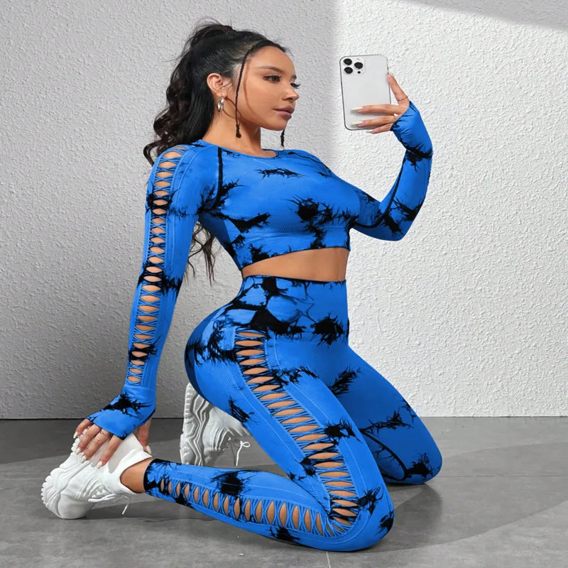 Tie dye Sports Set Women Long Sleeves Yoga Shirt High Waist Scrunch Push Up leggings yoga set Quick Dry Fitness Workout Set