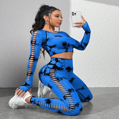 Tie dye Sports Set Women Long Sleeves Yoga Shirt High Waist Scrunch Push Up leggings yoga set Quick Dry Fitness Workout Set