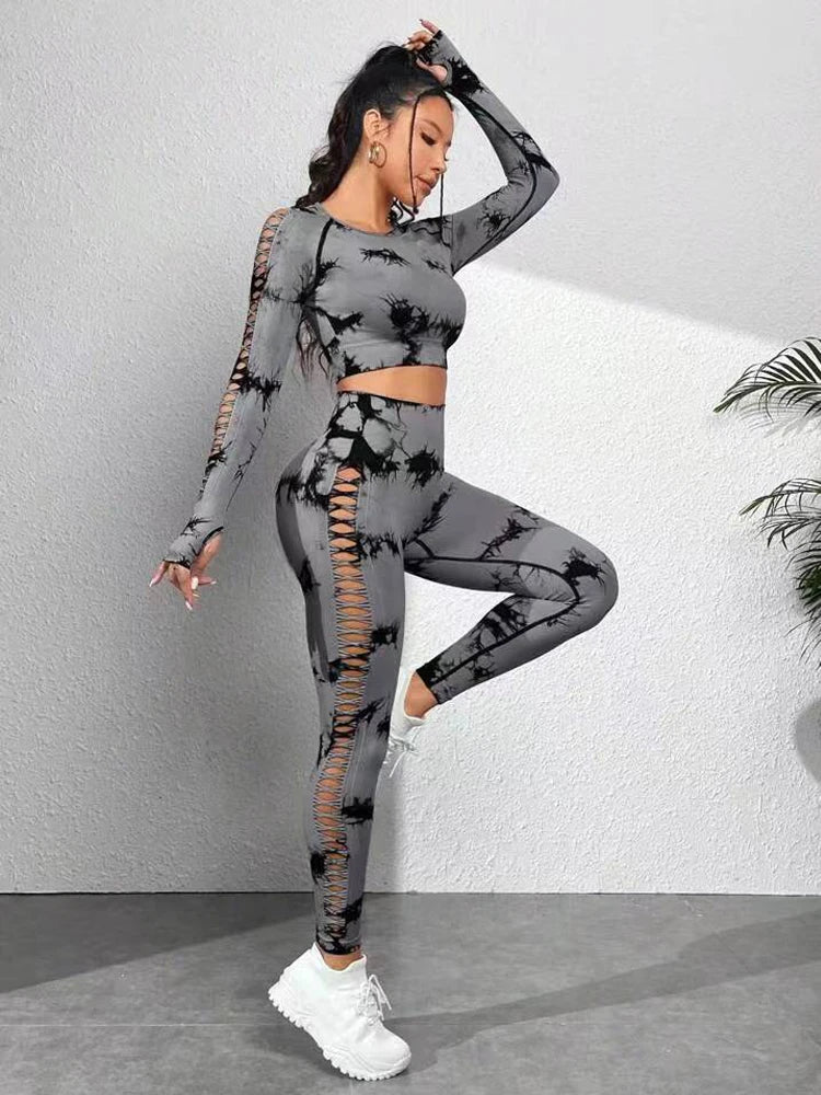 Tie dye Sports Set Women Long Sleeves Yoga Shirt High Waist Scrunch Push Up leggings yoga set Quick Dry Fitness Workout Set