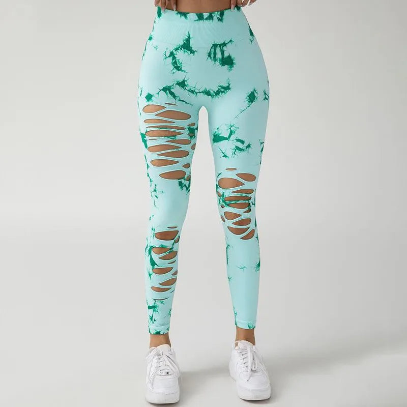 Sexy Hollow Out Leggings Women Seamless Tie Dye Tights High Waist Push Up Butt Workout Running Stretchy Yoga Pants Female