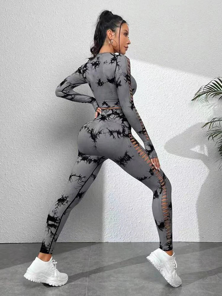 Tie dye Sports Set Women Long Sleeves Yoga Shirt High Waist Scrunch Push Up leggings yoga set Quick Dry Fitness Workout Set