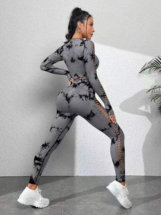 Tie dye Sports Set Women Long Sleeves Yoga Shirt High Waist Scrunch Push Up leggings yoga set Quick Dry Fitness Workout Set