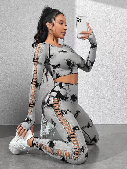 Tie dye Sports Set Women Long Sleeves Yoga Shirt High Waist Scrunch Push Up leggings yoga set Quick Dry Fitness Workout Set