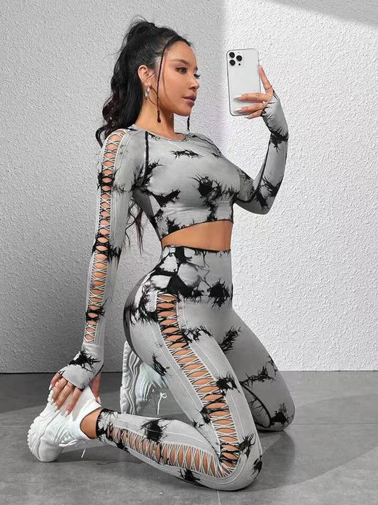 Tie dye Sports Set Women Long Sleeves Yoga Shirt High Waist Scrunch Push Up leggings yoga set Quick Dry Fitness Workout Set
