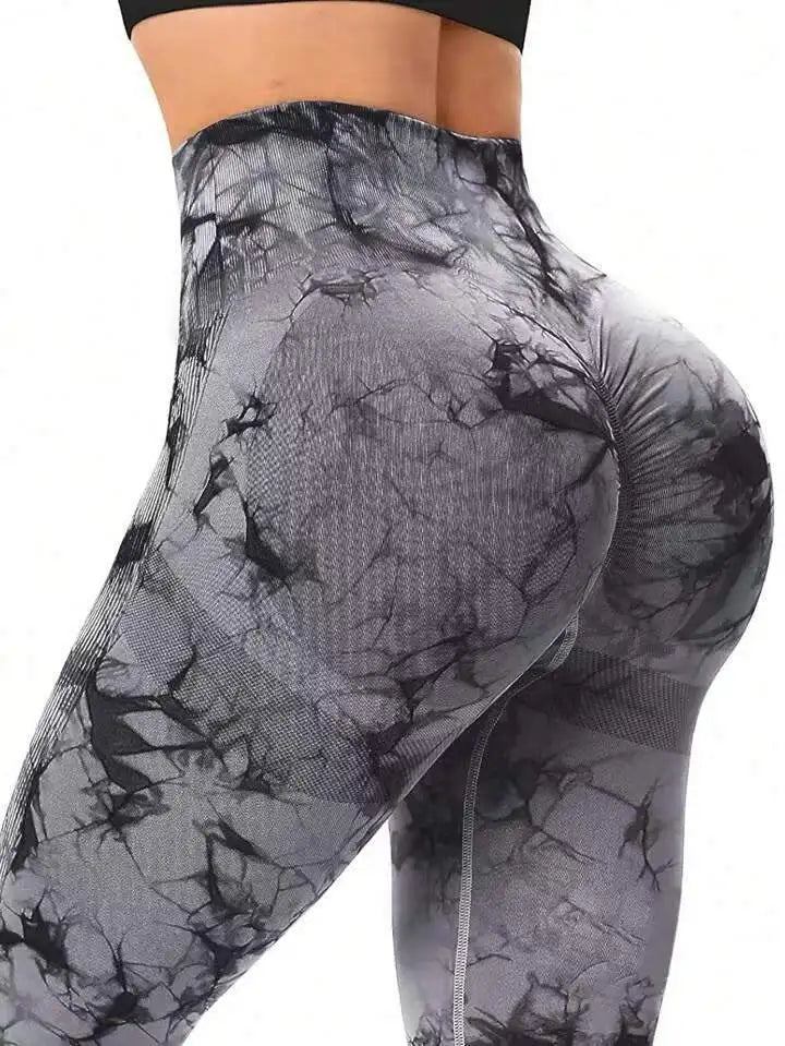 Designer Tie-Dye Yoga Leggings – Seamless High Waist, Slim Fit, Peach Hip, Ankle-Length Sports Pants for Women