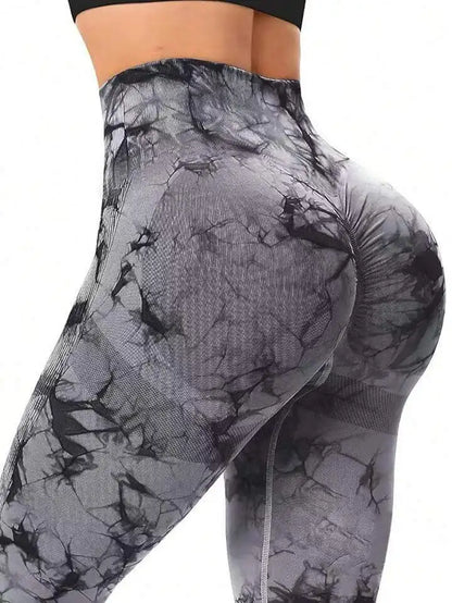 Designer Tie-Dye Yoga Leggings – Seamless High Waist, Slim Fit, Peach Hip, Ankle-Length Sports Pants for Women