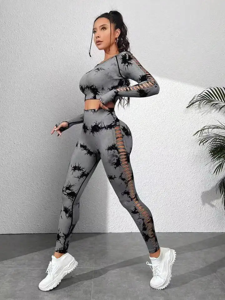 Tie dye Sports Set Women Long Sleeves Yoga Shirt High Waist Scrunch Push Up leggings yoga set Quick Dry Fitness Workout Set