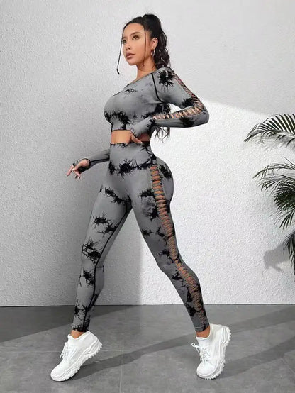 Tie dye Sports Set Women Long Sleeves Yoga Shirt High Waist Scrunch Push Up leggings yoga set Quick Dry Fitness Workout Set