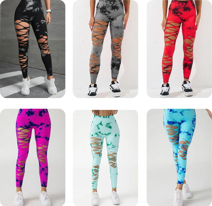 Sexy Hollow Out Leggings Women Seamless Tie Dye Tights High Waist Push Up Butt Workout Running Stretchy Yoga Pants Female