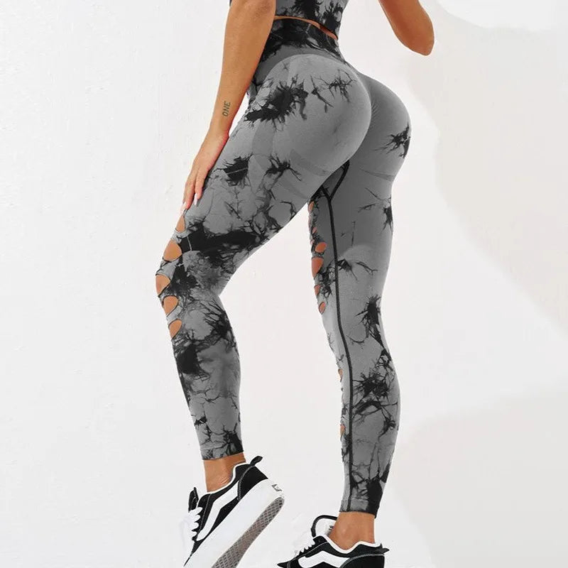 Sexy Hollow Out Leggings Women Seamless Tie Dye Tights High Waist Push Up Butt Workout Running Stretchy Yoga Pants Female