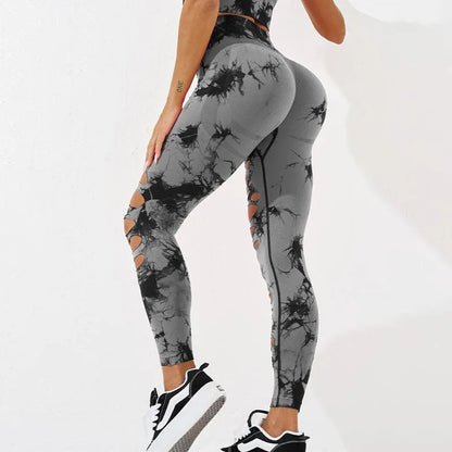 Sexy Hollow Out Leggings Women Seamless Tie Dye Tights High Waist Push Up Butt Workout Running Stretchy Yoga Pants Female