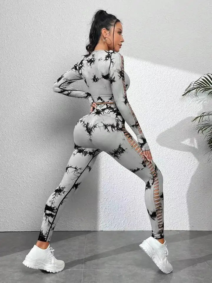 Tie dye Sports Set Women Long Sleeves Yoga Shirt High Waist Scrunch Push Up leggings yoga set Quick Dry Fitness Workout Set