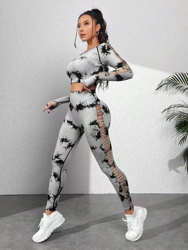 Tie dye Sports Set Women Long Sleeves Yoga Shirt High Waist Scrunch Push Up leggings yoga set Quick Dry Fitness Workout Set