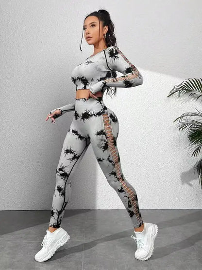 Tie dye Sports Set Women Long Sleeves Yoga Shirt High Waist Scrunch Push Up leggings yoga set Quick Dry Fitness Workout Set