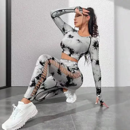 Tie dye Sports Set Women Long Sleeves Yoga Shirt High Waist Scrunch Push Up leggings yoga set Quick Dry Fitness Workout Set