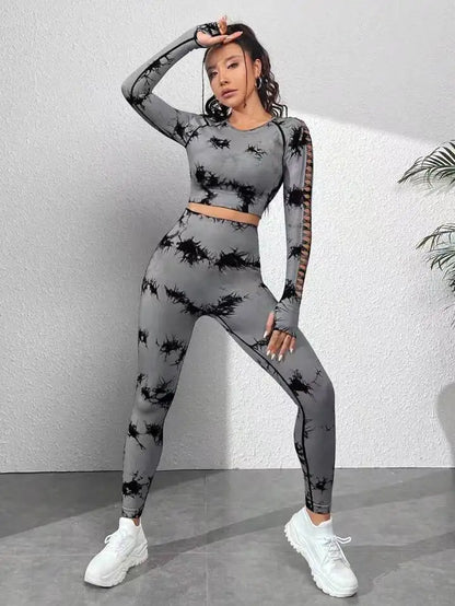 Tie dye Sports Set Women Long Sleeves Yoga Shirt High Waist Scrunch Push Up leggings yoga set Quick Dry Fitness Workout Set