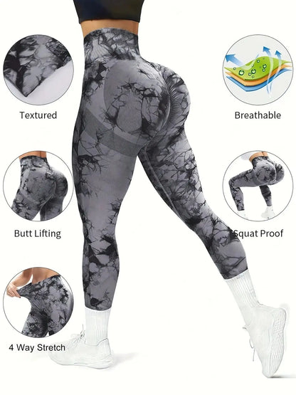 Designer Tie-Dye Yoga Leggings – Seamless High Waist, Slim Fit, Peach Hip, Ankle-Length Sports Pants for Women