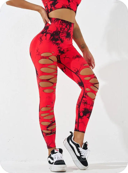 Sexy Hollow Out Leggings Women Seamless Tie Dye Tights High Waist Push Up Butt Workout Running Stretchy Yoga Pants Female