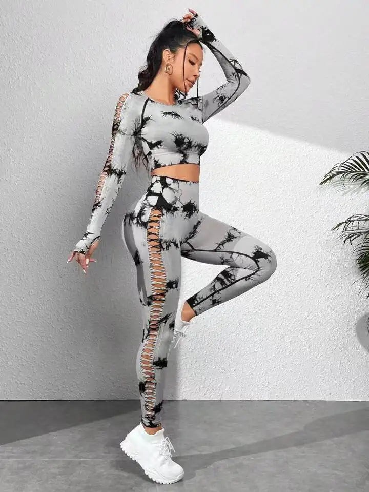 Tie dye Sports Set Women Long Sleeves Yoga Shirt High Waist Scrunch Push Up leggings yoga set Quick Dry Fitness Workout Set