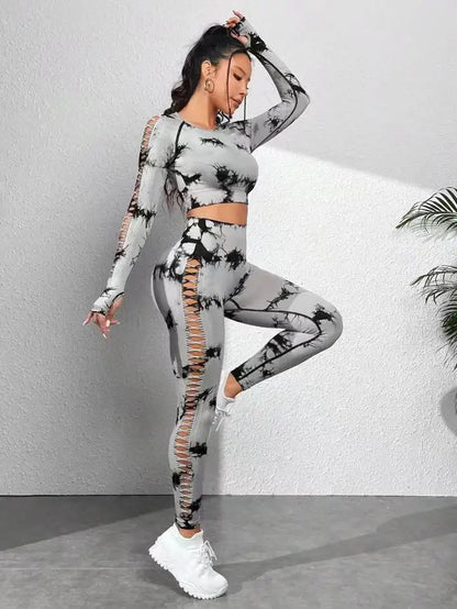 Tie dye Sports Set Women Long Sleeves Yoga Shirt High Waist Scrunch Push Up leggings yoga set Quick Dry Fitness Workout Set